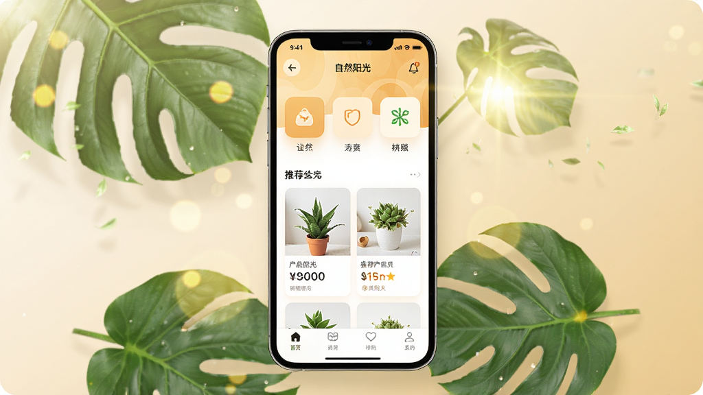 һ��չʾ��Ȼ����APP����ȫò�ĳ���ͼ������������һ�����������ֻ�����Ļ�ڳ�����Ȼ����Ӧ����ҳ��������Ʒ����ͼ�ꡢ�Ƽ���Ʒ��Ƭ�͵ײ����������ֻ���Χ��������ɫֲ��ҶƬ�������ߣ�����Ϊǳ��ɫ���䣬������������Ȼ����ͼ���жԳƣ�ϸ�����������ʸɾ����޶���Ԫ��
