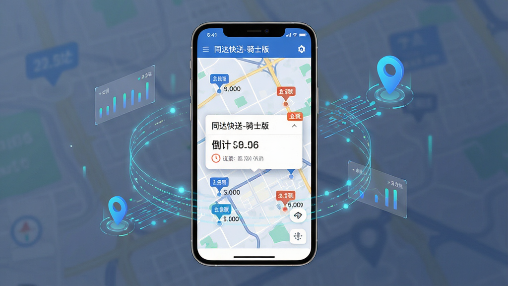 一张展示同达快送-骑士版智能派单功能的界面示意图,画面主体为手机屏幕,屏幕内显示地图上多个订单标记点和派单弹窗,周围环绕着数据流动的线条和定位图标,布局以手机为中心,风格为现代科技感,细节包括订单距离、金额标签和倒计时提示,画质清晰干净,无多余元素,图片中文字为“同达快送-骑士版”