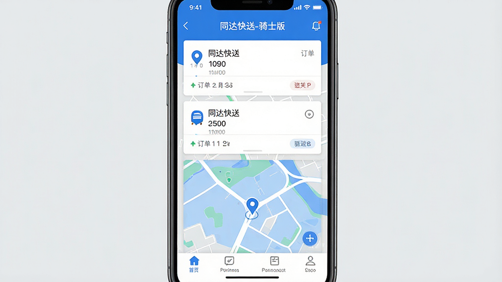 一张手机屏幕展示同达快送-骑士版应用界面的预览图,画面中央是手机正视图,屏幕内显示订单列表和地图导航模块,界面以蓝色和白色为主色调,布局简洁清晰,背景为浅灰色纯色,风格为扁平化科技感,细节包括订单卡片、地图定位图标和底部导航栏,画质清晰干净,无多余元素,图片中文字为“同达快送-骑士版”