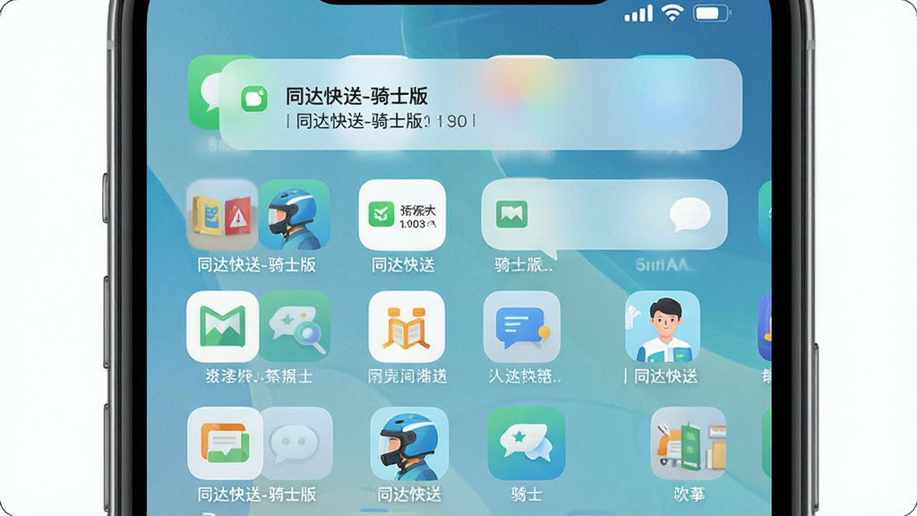一张展示同达快送-骑士版在手机桌面上正常运行的效果图,画面主体为手机屏幕,屏幕内显示应用图标和通知栏派单提醒,布局为桌面网格排列,风格为清新浅色,细节包括应用图标、消息气泡和信号标识,画质清晰干净,无多余元素,图片中文字为“同达快送-骑士版”