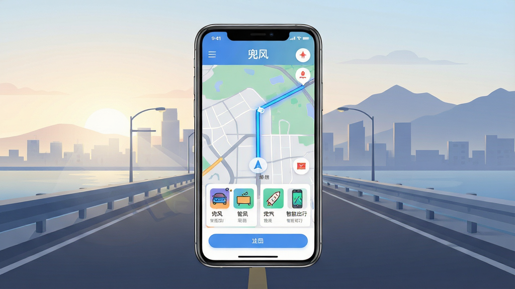 一张展示兜风应用主界面的手机样机图,画面中央是手机屏幕,屏幕内显示地图导航界面与沿途服务卡片,背景为清晨城市道路与远山轮廓,布局采用居中对称构图,风格为现代扁平化科技风,细节包含路线光带、服务图标、简洁按钮,画面中文字标注“兜风”与“智能出行”,画质清晰,干净,无多余元素