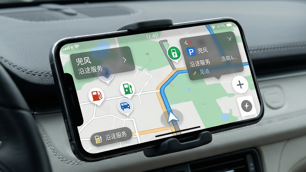 一张展示兜风应用沿途服务查询功能的界面图,画面主体为车载手机支架上的手机屏幕,屏幕内显示地图上分布着加油站、充电桩、停车场图标,布局为斜侧视角,风格为写实科技感,细节包含半透明信息浮窗、路线指引箭头、状态栏时间,画面中文字标注“兜风”与“沿途服务”,画质清晰,干净,无多余元素