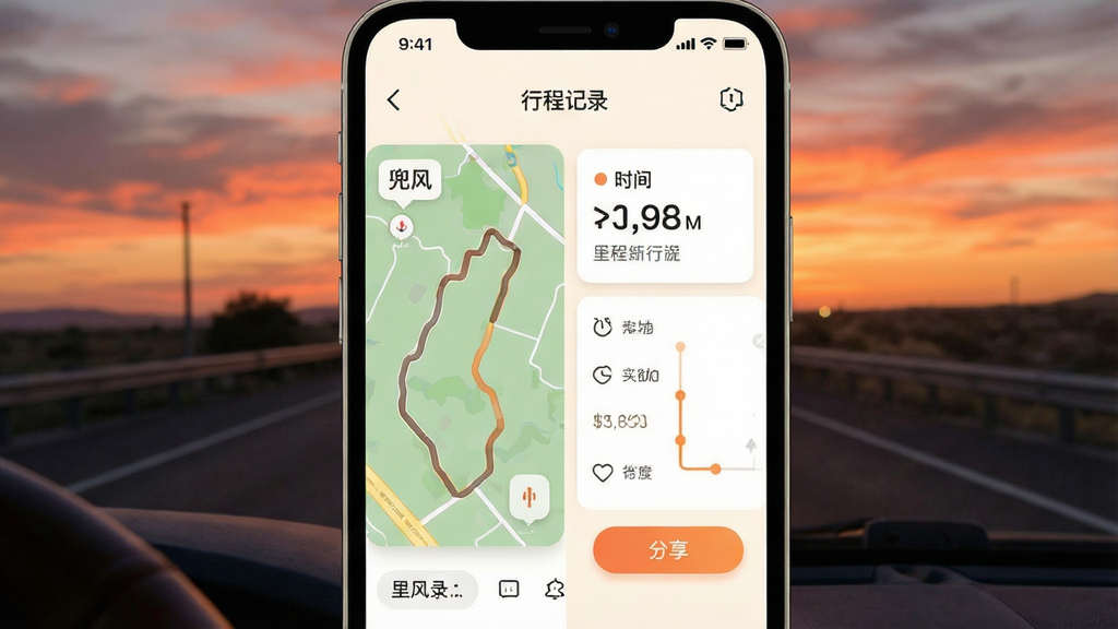 一张展示兜风应用行程记录与分享功能的界面图,画面主体为手机屏幕,屏幕内显示轨迹地图与行程数据卡片,背景为傍晚公路与晚霞,布局为左右分栏,风格为温暖治愈风,细节包含里程数字、时间轴、分享按钮,画面中文字标注“兜风”与“行程记录”,画质清晰,干净,无多余元素