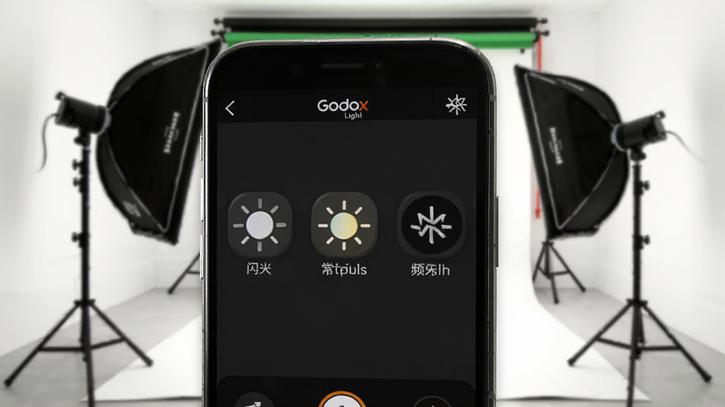 一张展示Godox Light软件灯光模式选择界面的图片,手机屏幕上有闪光、常亮、频闪三个模式图标,背景是摄影棚环境,有柔光箱和灯架,整体光线明亮,风格专业摄影,画质细腻干净