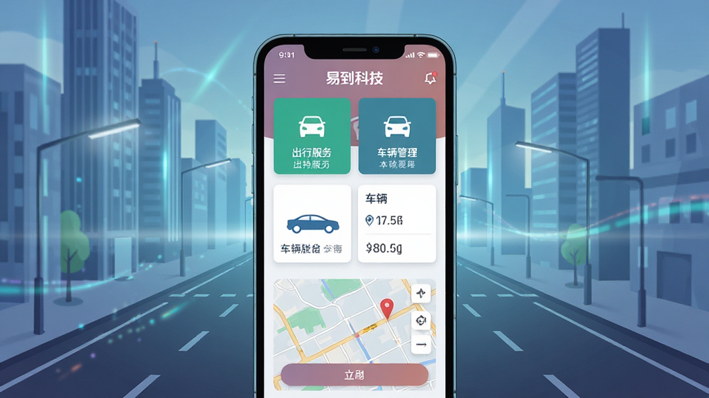 一张展示易到科技手机应用主界面的数字插图,画面中央是一部智能手机,屏幕显示易到科技应用的首页,包含出行服务入口、车辆管理卡片和地图导航模块,背景为现代城市道路与科技感光效,整体布局简洁清晰,风格为扁平化UI插画,细节包含图标、按钮和数据面板,画质高清,干净,无多余元素