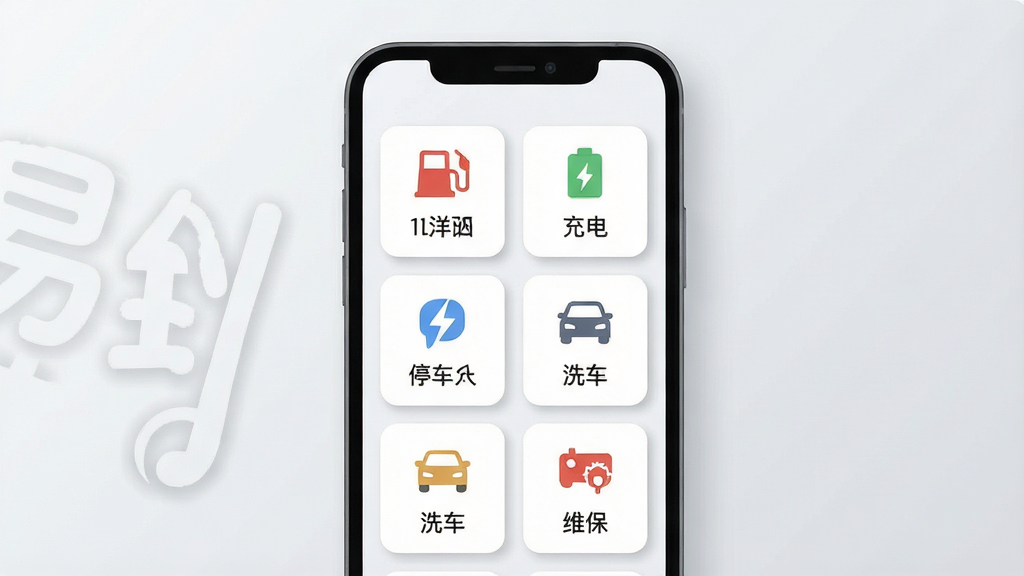 一张展示易到科技一站式用车服务聚合页面的插图,画面中央为手机屏幕,屏幕上排列着加油、充电、停车、洗车、维保等多个服务图标卡片,每个卡片配有简洁图标和文字说明,背景为浅灰色渐变,风格为清新扁平化设计,细节包含图标阴影和圆角卡片,画质高清,干净,无多余元素
