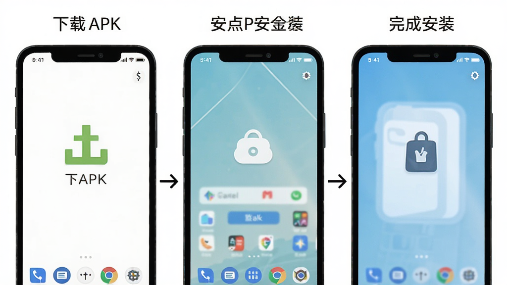 赚点乐安卓手机安装步骤示意图,展示从下载APK到完成安装的全过程,手机界面分步骤呈现,风格简洁,画面干净无杂乱元素