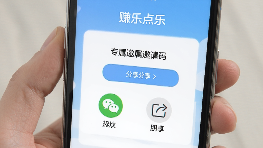赚点乐邀请好友页面,展示专属邀请码和分享按钮,手机屏幕内有微信好友和朋友圈分享图标,整体配色清新,画面整洁
