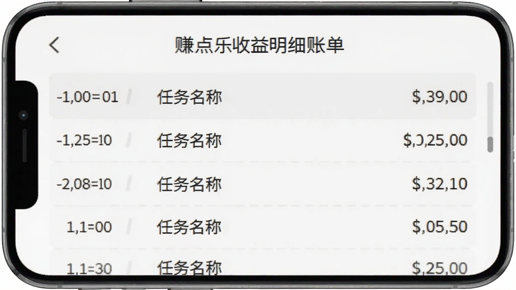 赚点乐收益明细账单页面,列表形式展示多条收入记录,每条记录包含时间、任务名称和金额,手机竖屏界面,浅灰色背景,文字清晰