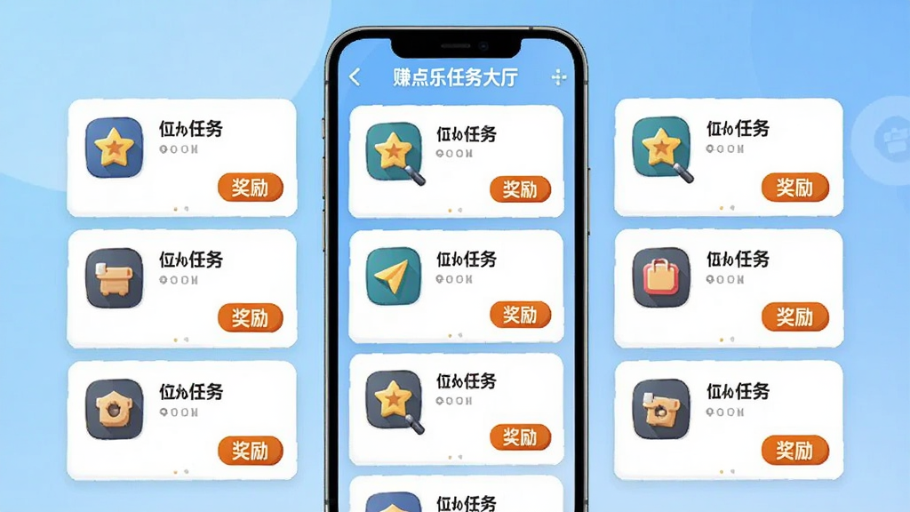 赚点乐任务大厅界面,大量任务卡片滚动展示,手机屏幕内显示不同任务类型图标与奖励标签,背景为浅蓝色渐变,画面明亮,细节清晰