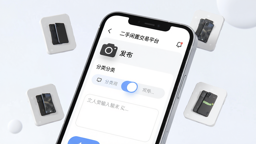一张展示手机发布商品流程的UI界面图,画面主体是手机屏幕,屏幕内显示“二手闲置交易平台”的发布页面,有相机图标、分类选择滑块和文字输入框,布局为手机正面略微倾斜,风格为干净明亮的3D渲染,细节包括漂浮在空中的商品缩略图,画质高清,干净,无多余元素