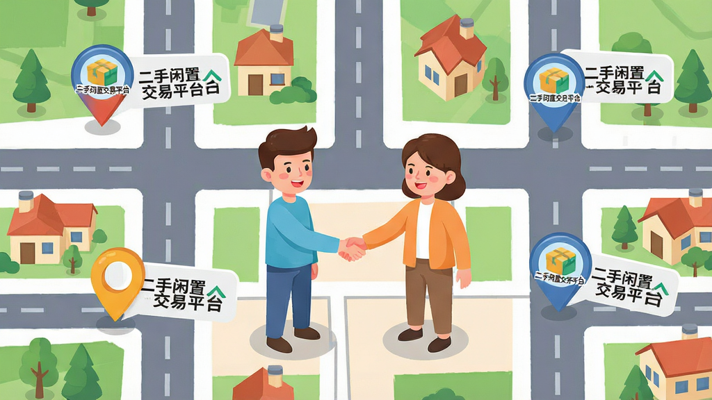 一张城市地图风格的插画,地图上标注了多个交易地点图标,每个图标旁有“二手闲置交易平台”的小LOGO,画面中有两个卡通人物在握手,布局为俯瞰视角,风格为清新明快的矢量地图风,细节包括街道、房屋和定位气泡,画质高清,干净,无多余元素