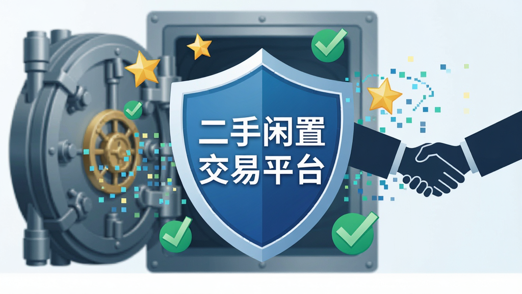 一张表现安全交易概念的插画,画面中央是一个盾牌形状的图标,盾牌上写着“二手闲置交易平台”,盾牌周围环绕着星星和勾选标记,背景是银行金库门和握手的剪影,布局居中对称,风格为商务科技风,细节包括像素化的数据流,画质高清,干净,无多余元素