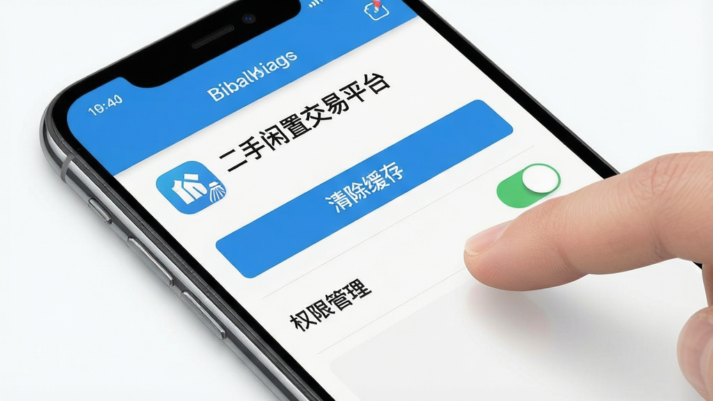 一张展示手机清理缓存与权限设置的示意图,画面主体是手机屏幕特写,屏幕上显示“二手闲置交易平台”的应用信息页面,有“清除缓存”按钮和“权限管理”开关,布局为手机斜放,风格为简洁写实的UI风格,细节包括手指点击屏幕的动作,画质高清,干净,无多余元素