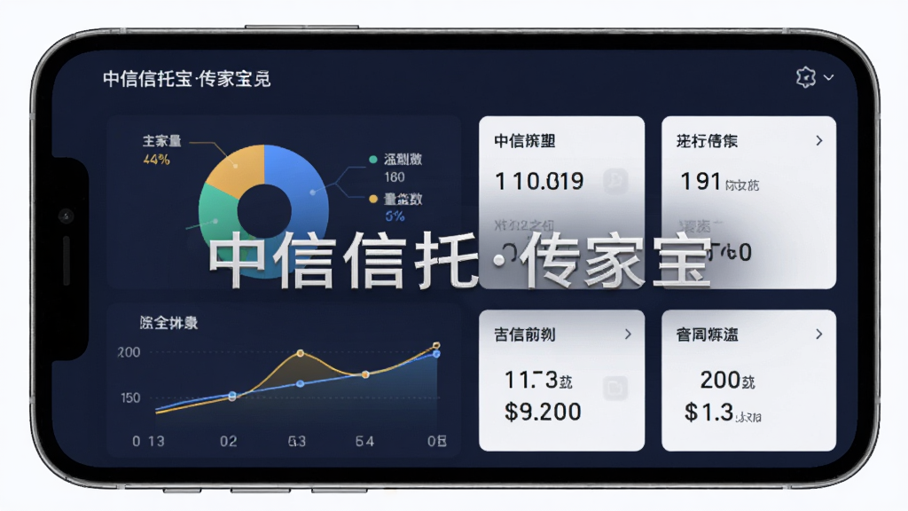 中信信托传家宝资产总览界面,主体为手机屏幕展示资产数据仪表盘,布局为上下结构,排版清晰,风格为简约商务,细节包括饼图、折线图、数字卡片,画面中打文字“中信信托传家宝”,画质高清,干净,无多余元素