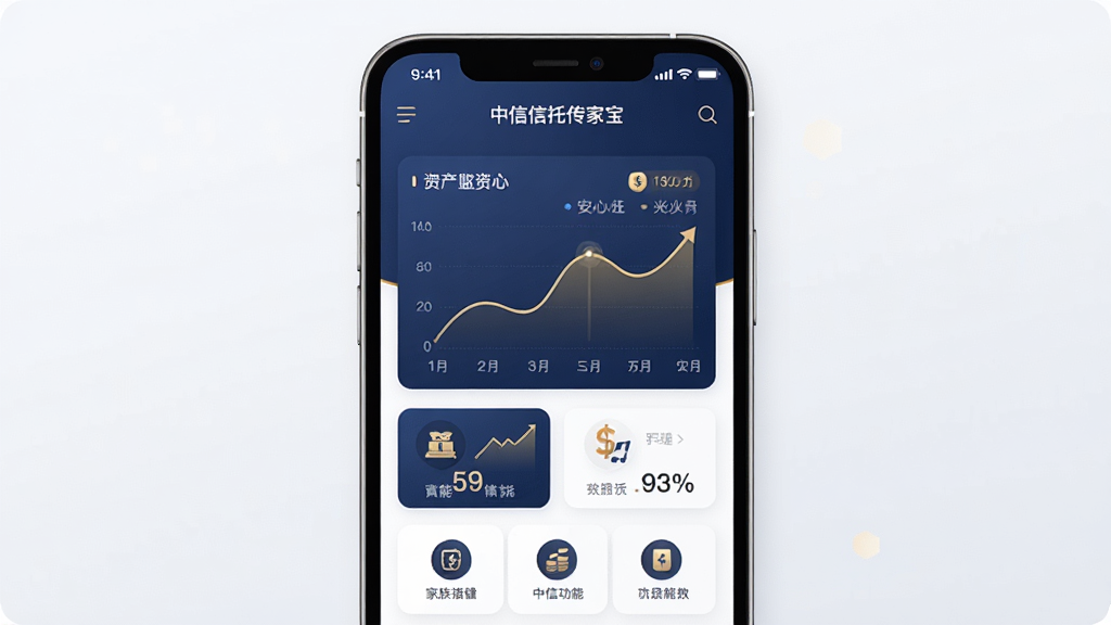 中信信托传家宝手机应用界面展示,主体为一台智能手机,屏幕内呈现家族信托资产总览页面,包含资产曲线图与功能图标,布局居中,排版简洁,风格为现代金融科技商务风,细节包括深蓝色主色调、金色点缀、卡片式信息模块,画质高清,干净,无多余元素