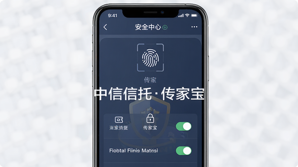 中信信托传家宝安全设置页面手机截图,主体为手机屏幕展示安全中心界面,布局为纵向功能列表,排版简洁,风格为沉稳商务,细节包括指纹图标、密码锁图标、开关按钮,画面中打文字“中信信托传家宝”,画质高清,干净,无多余元素