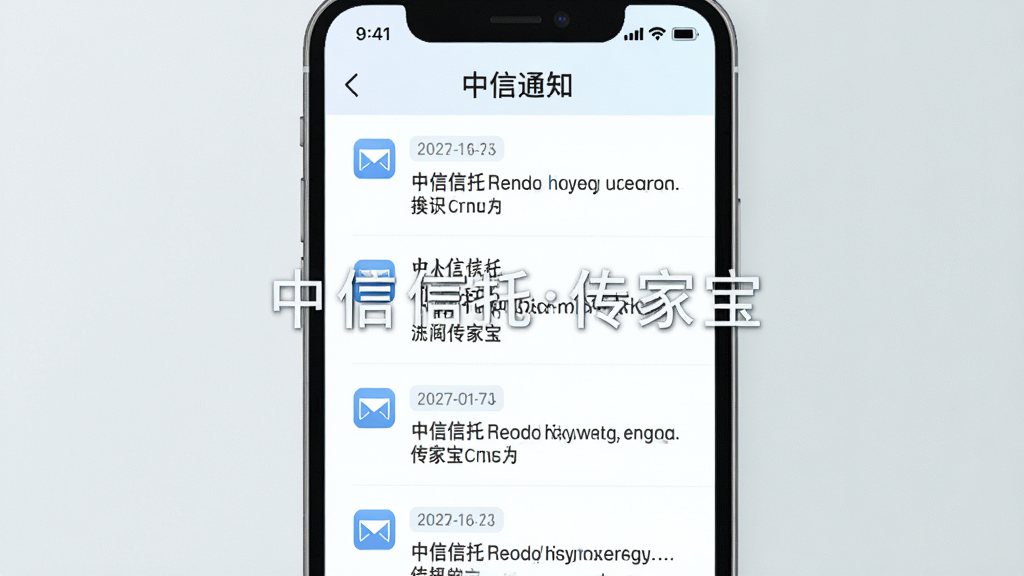 中信信托传家宝资讯推送列表界面,主体为手机屏幕展示消息通知页面,布局为纵向列表,排版规整,风格为清新浅色,细节包括信封图标、日期标签、摘要文字,画面中打文字“中信信托传家宝”,画质高清,干净,无多余元素