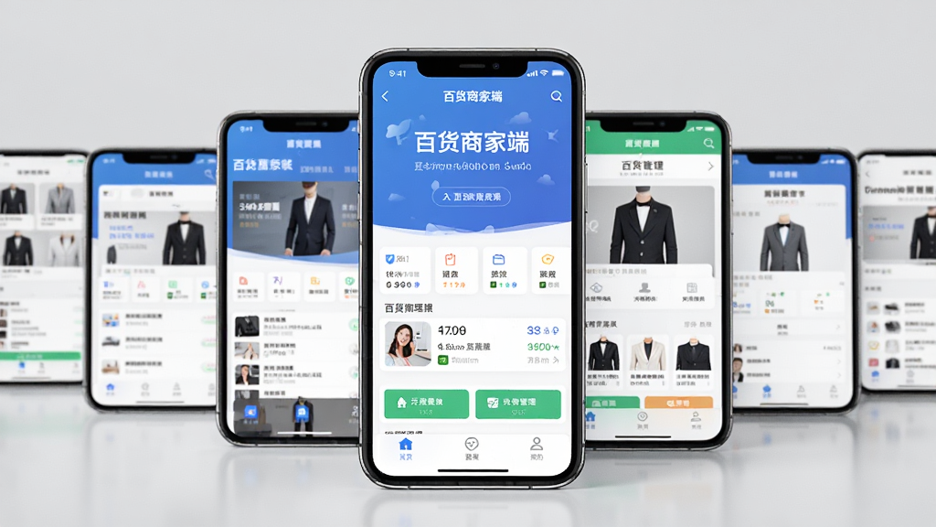 百货商家端与同类应用对比展示图,画面中多部手机并排排列,每部手机屏幕显示不同商家管理应用的界面,中间一部突出显示百货商家端,背景为浅灰色商务风格,整体布局整齐,画质高清,干净无多余元素