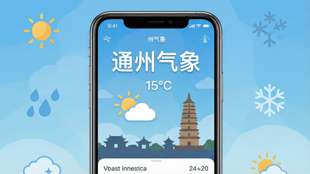 一张手机屏幕展示天气应用界面的图片,画面中央是手机,手机屏幕上显示“通州气象”四个大字,下方有晴朗天空和白云的图标,背景是通州地标建筑剪影如燃灯塔,布局为手机居中,四周环绕天气元素图标如太阳、雨滴、雪花,排版简洁清晰,风格为现代扁平化UI设计,细节包括屏幕上的温度数字和日期,画质高清,干净,无多余元素