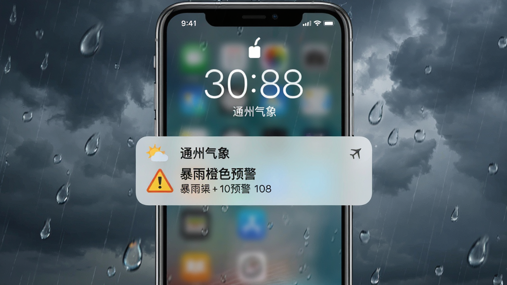 一张AI生图,画面中心是手机锁屏界面弹出“通州气象”的暴雨橙色预警通知,布局为手机竖直放置,背景是乌云密布的天空和雨滴,排版突出通知卡片,风格为写实天气场景,细节包括通知上的预警图标和文字“暴雨橙色预警”,画质清晰,干净,无多余元素