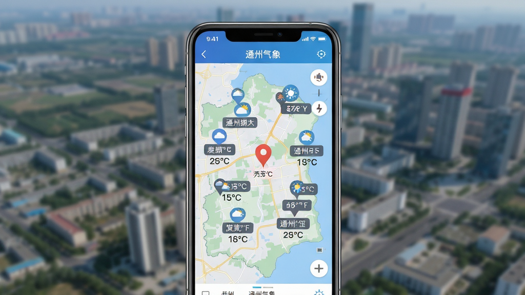 一张AI生成的图片,画面展示“通州气象”应用的地图定位界面,主体是手机屏幕显示通州区地图,地图上标有多个定位图钉和天气图标,布局为手机居中,背景是虚化的通州城区俯瞰图,排版清晰,风格为科技感数据可视化,细节包括不同乡镇的名称标签和对应的温度数字,画质高清,干净,无多余元素