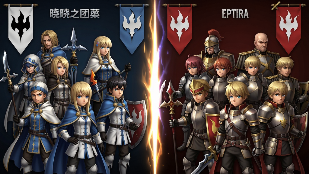 一张展示火焰纹章晓之女神双阵营系统的概念图,画面分为左右两部分,左侧为晓之团阵营角色群像,右侧为帝国军阵营角色群像,中间以光暗分割线区隔,布局为横版宽幅,风格为日系战棋游戏宣传图,细节包含角色职业特征、武器类型、阵营旗帜,画质高清干净,无多余元素