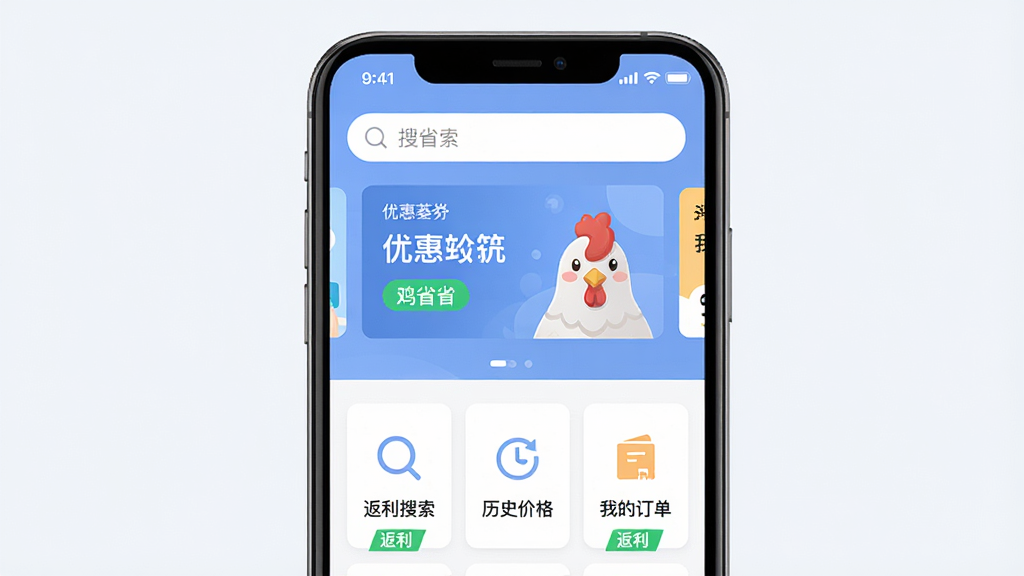 软件名称“鸡省省”主界面展示图,主体为一部智能手机屏幕,屏幕中显示鸡省省APP首页,页面顶部有搜索框,中部为轮播优惠券横幅,下方排列着“返利搜索”“历史价格”“我的订单”等图标按钮,布局简洁清晰,排版采用上下结构,风格为现代扁平化UI设计,细节包括柔和的蓝色主色调、白色卡片背景、绿色返利标识,画质为高清1080p,干净无多余元素。