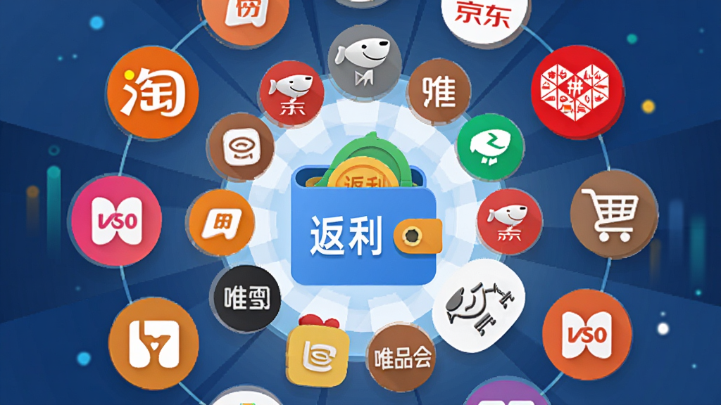 展示“鸡省省”全网返利聚合功能的AI生图,主体为多个电商平台图标环绕一个中心钱包图标,布局为圆形放射状结构,排版以中心向外扩散,风格为科技感扁平插画,细节包括淘宝、京东、拼多多、唯品会等平台标识以彩色圆形呈现,中心钱包带有“返利”字样,画质高清,干净无多余元素。