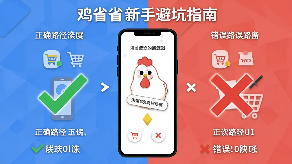 展示“鸡省省”新手避坑指南的AI生图,主体为手机屏幕显示购物流程示意图,布局为左右对比结构,排版左侧为正确路径打绿色对勾,右侧为错误路径打红色叉号,风格为信息图扁平风,细节包括箭头指示、手机图标、电商平台图标,画质高清,干净无多余元素。