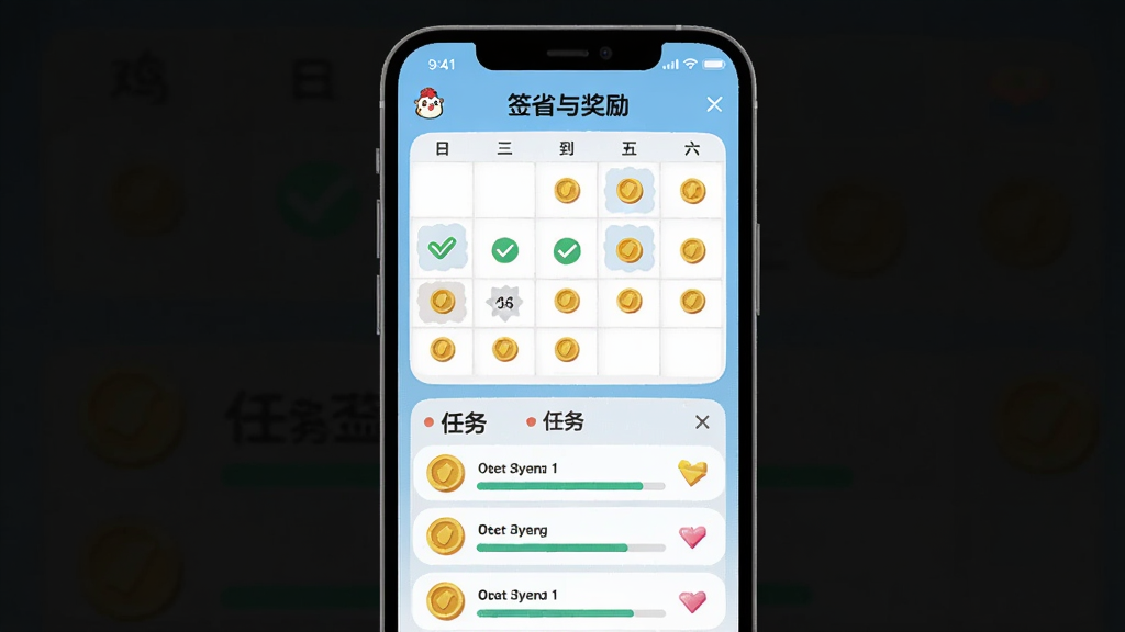 展示“鸡省省”签到与任务奖励功能的AI生图,主体为手机屏幕显示签到日历与任务列表,布局为上下结构,排版上方为签到日历网格下方为任务条目,风格为清新卡通扁平风,细节包括已签到日期打勾、金币图标、任务进度条,画质高清,干净无多余元素。