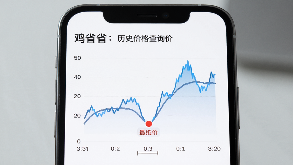 展示“鸡省省”历史价格查询功能的AI生图,主体为一部手机显示价格折线图,布局为图表占据屏幕主要区域,排版上方为商品名称下方为时间轴与价格曲线,风格为数据可视化简洁风,细节包括折线图高低起伏、最低价标注红点、时间跨度标注,画质高清,干净无多余元素。
