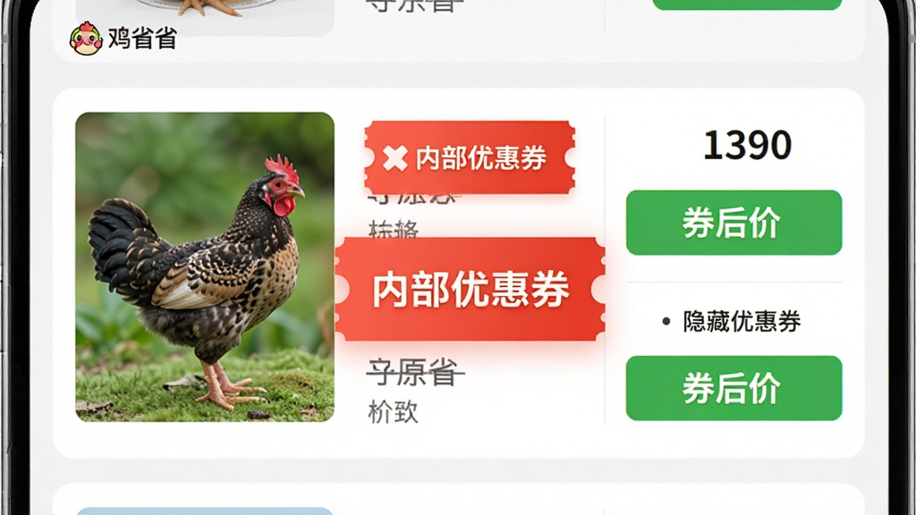 展示“鸡省省”隐藏优惠券查找功能的AI生图,主体为一张手机屏幕截图风格画面,屏幕中显示商品卡片与一张醒目的“内部优惠券”标签,布局为上下排列,排版左侧为商品图右侧为价格与券信息,风格为电商UI写实风,细节包括红色优惠券图标、划线原价、绿色券后价,画质高清,干净无多余元素。