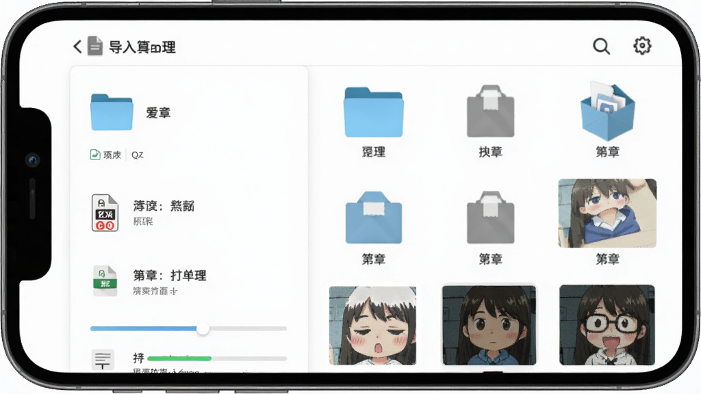爱漫调漫画导入管理界面,主体为手机屏幕显示文件夹与压缩包图标,布局为列表与网格混合排版,风格为简约工具类,细节包含文件格式图标、导入进度条、章节缩略图,画质清晰,干净,无多余元素