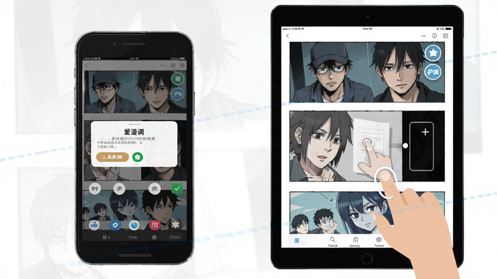 爱漫调移动端使用攻略示意图,主体为手机与平板并排展示漫画阅读界面,布局为左右对比,排版清晰,风格为扁平化教程插画,细节包含权限弹窗、翻页手势、护眼图标,画质高清,干净,无多余元素