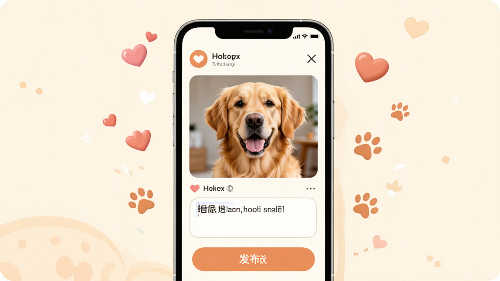 一张喵汪派动态发布界面的示意图,画面展示手机屏幕内正在编辑一条宠物动态,包含一只金毛犬的照片、文字输入框和发布按钮,界面配色温暖明亮,周围有漂浮的爱心和爪印元素,风格温馨可爱,画质清晰,干净无杂乱