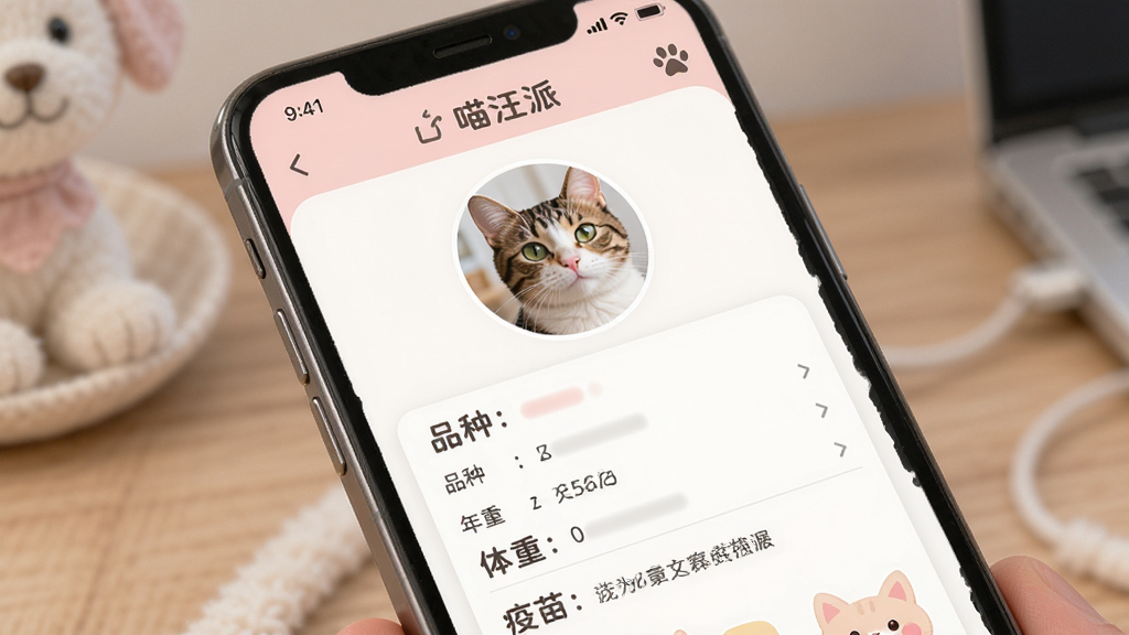 喵汪派宠物档案管理界面预览图,手机屏幕展示一只猫咪的详细档案页面,包含头像、品种、年龄、体重和疫苗记录等信息,界面设计简洁友好,配色柔和,画质高清,无杂乱元素