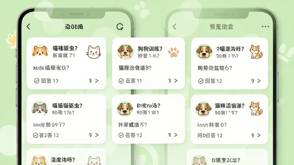喵汪派养宠知识问答界面预览图,画面中手机屏幕上显示多个问答卡片,问题涉及猫咪驱虫、狗狗训练等,每个卡片配有可爱的小图标和回答数量,背景为浅绿色调,风格简洁明快,画质高清,无多余元素