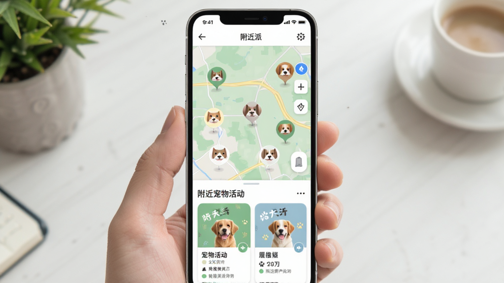 喵汪派附近宠物圈子功能展示图,手机屏幕显示地图界面和附近用户列表,地图上有多个猫狗头像标记,下方显示附近宠物活动卡片,配色清新自然,风格现代简约,画质清晰干净