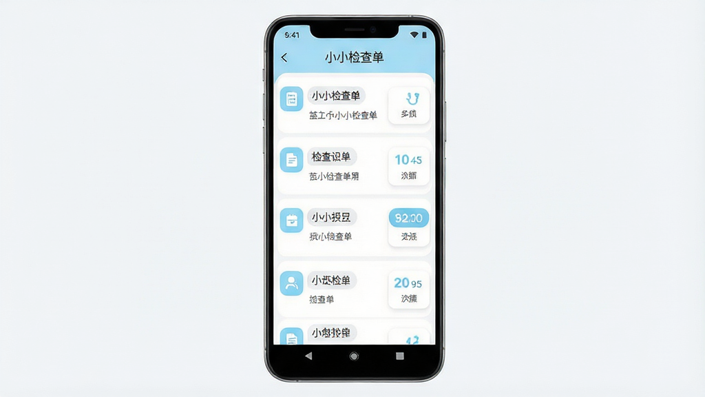 一张手机屏幕展示健康检查记录应用的界面,主体为一部竖屏安卓手机,布局居中,手机屏幕内显示列表式检查单条目与数据卡片,排版整齐清晰,风格为现代简约医疗风,细节包含浅蓝色主色调图标、白色背景、圆角卡片,画质高清干净无多余元素,屏幕上文字显示“小小检查单”字样