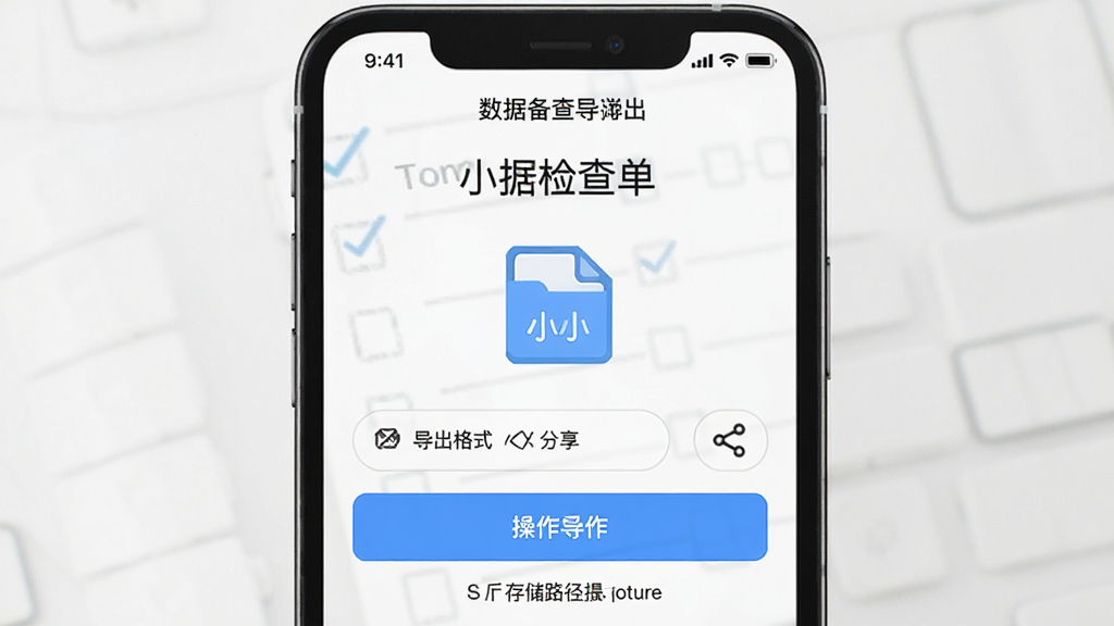 手机屏幕展示“小小检查单”数据导出界面,主体为手机与文件图标,布局居中,排版为上方功能说明下方操作按钮,风格为简约工具风,细节包含导出格式选项、分享图标、存储路径提示,画质高清干净无多余元素,屏幕文字显示“数据备份导出”