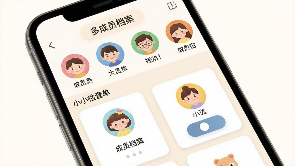手机界面展示“小小检查单”多成员档案切换页面,主体为手机屏幕,布局为顶部成员头像列表与下方档案卡片,排版清晰,风格为温馨家庭医疗风,细节包含不同颜色头像、成员姓名标签、切换按钮,画质高清干净无多余元素,屏幕文字显示“多成员档案”