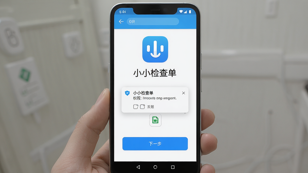 一部安卓手机展示“小小检查单”安装完成后的主界面,主体为手机与欢迎引导页,布局居中,排版为上方软件图标下方操作按钮,风格为清新医疗蓝白风,细节包含权限请求弹窗、存储图标、下一步按钮,画质高清干净无多余元素,屏幕文字显示“小小检查单”