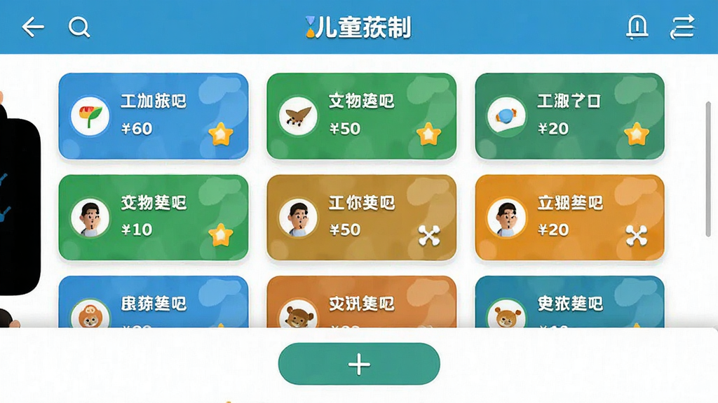 一款手机应用界面截图风格插画,画面展示儿童积分制APP的任务创建页面,界面上有多个彩色任务卡片整齐排列,每张卡片上标注着不同任务名称和积分数字,卡片颜色以蓝绿橙为主,布局为上下滚动式列表,风格为扁平化UI设计,细节包括顶部导航栏和底部添加按钮,画质清晰,画面干净,无多余元素