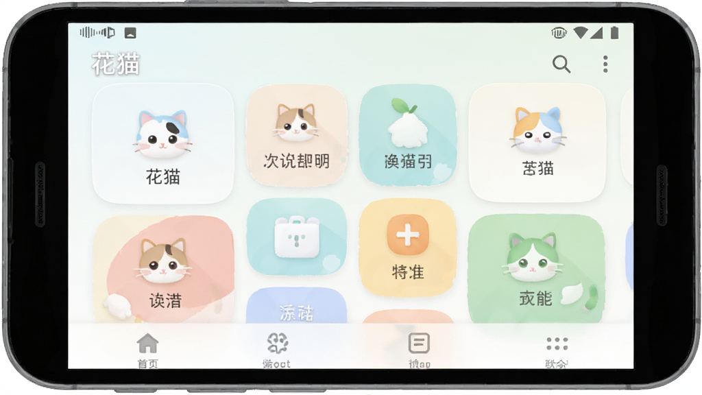 主体为一部安卓手机展示花猫应用主界面,布局为正面平视构图,排版上方为状态栏下方为功能宫格,风格为简约UI展示插画,细节包含整洁的功能图标、柔和的卡片式分区、底部导航栏,画面中带有“花猫”界面标题,画质高清干净,无多余元素
