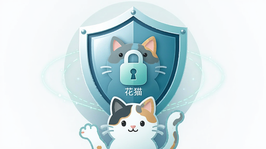 主体为一只花猫形象的安全盾牌,布局为居中对称构图,排版上方为盾牌下方为花猫剪影,风格为安全科技插画,细节包含锁形图标、柔和蓝绿色调、盾牌表面光泽、环绕的细线光晕,画面中标注“花猫”文字,画质干净利落,无多余元素