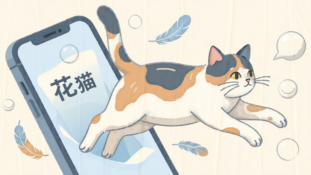 主体为一只花猫从手机屏幕中轻巧跃出,布局为对角线动态构图,排版左侧为手机轮廓右侧为花猫身影,风格为清新扁平插画,细节包含轻盈的线条、柔和的浅蓝与米白配色、若干代表轻量的羽毛或气泡元素,画面中标注“花猫”字样,画质干净清晰,无多余元素