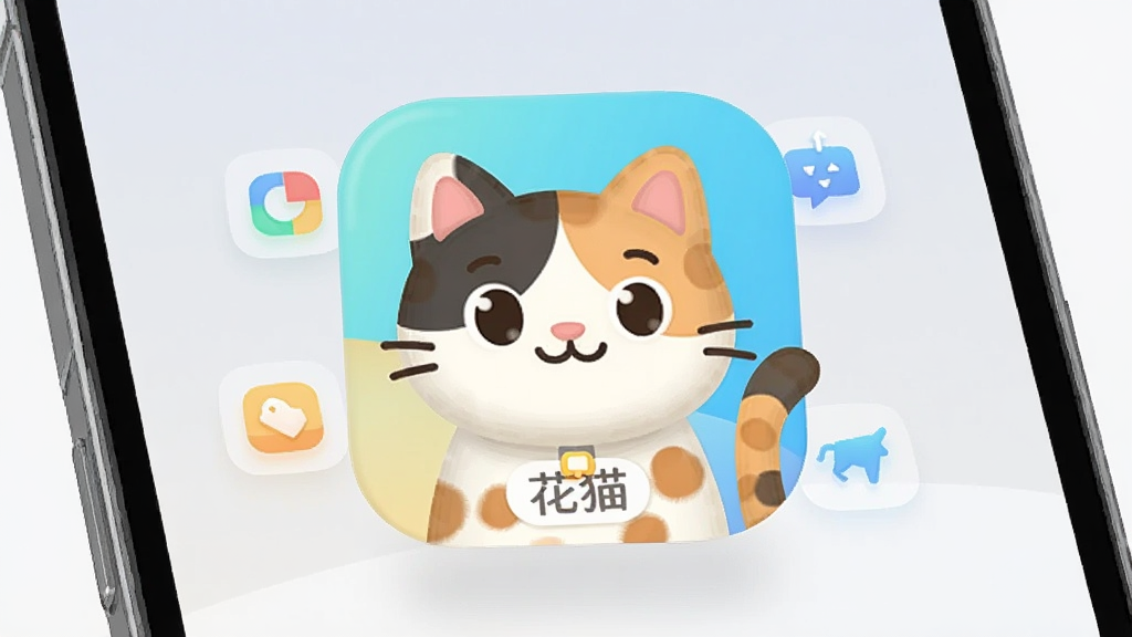 主体为一只卡通花猫形象的应用图标悬浮在手机屏幕上方,布局采用居中构图,背景为淡雅的浅灰渐变,风格为扁平化科技插画,细节包含圆润的猫耳、柔和的斑纹、周围环绕细小的功能图标元素,画面中带有“花猫”文字标识,画质清晰干净,无多余元素