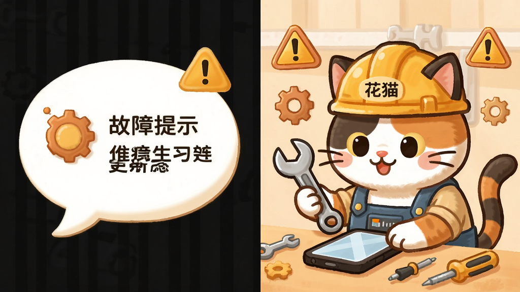 主体为一只花猫戴着安全帽手持扳手检修手机,布局为左右分栏构图,排版左侧为故障提示气泡右侧为花猫维修动作,风格为卡通科普插画,细节包含齿轮、警告标志、柔和橙黄色调、工具元素,画面中标注“花猫”文字,画质清晰干净,无多余元素