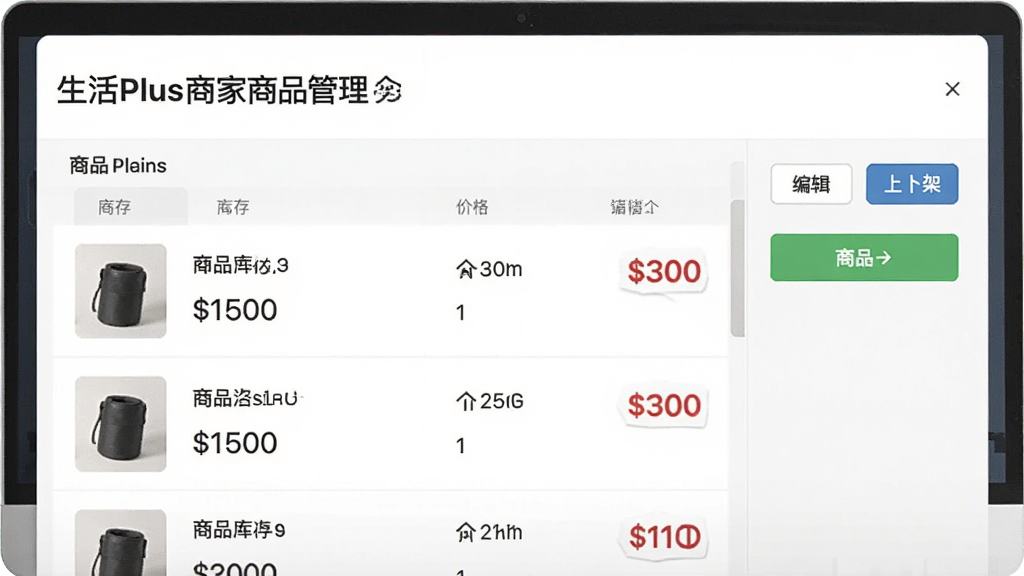 生活Plus商家商品管理页面,商品列表带有库存数量和价格标签,页面右侧有编辑和上下架按钮,界面风格简洁,画质干净,无多余元素